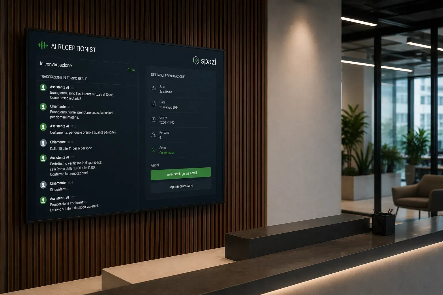 Reception screen showing the real-time transcript of a call handled by AI Receptionist, with the confirmed booking details