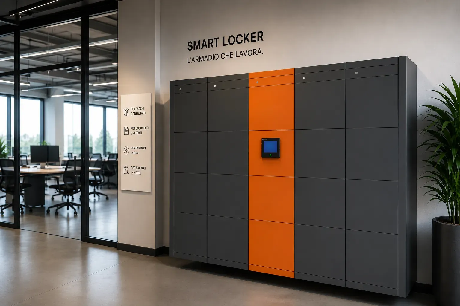 Wall of configurable smart lockers with a control panel, at an office entrance