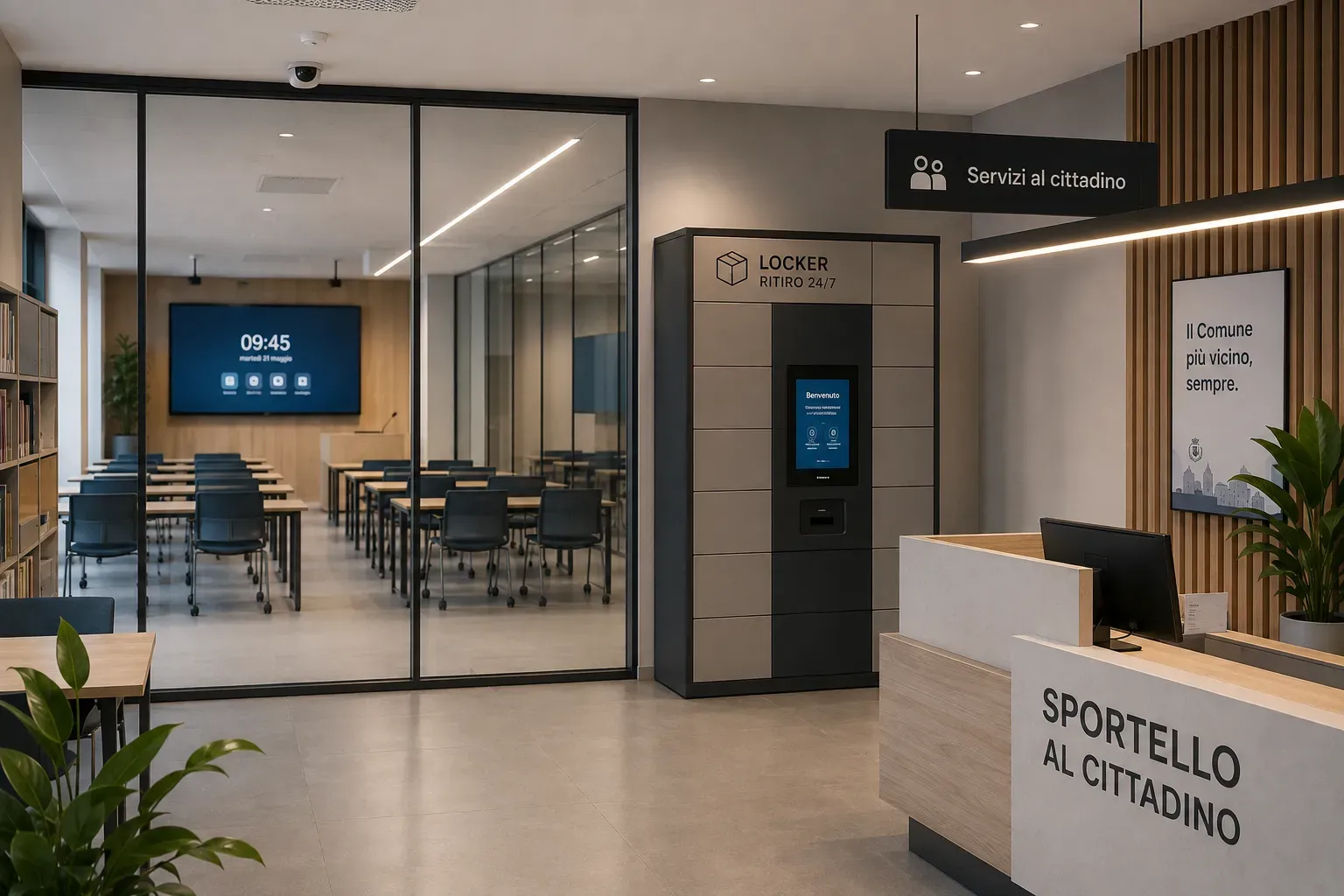 Digitised classroom, 24/7 pickup locker and citizen services desk in a public office
