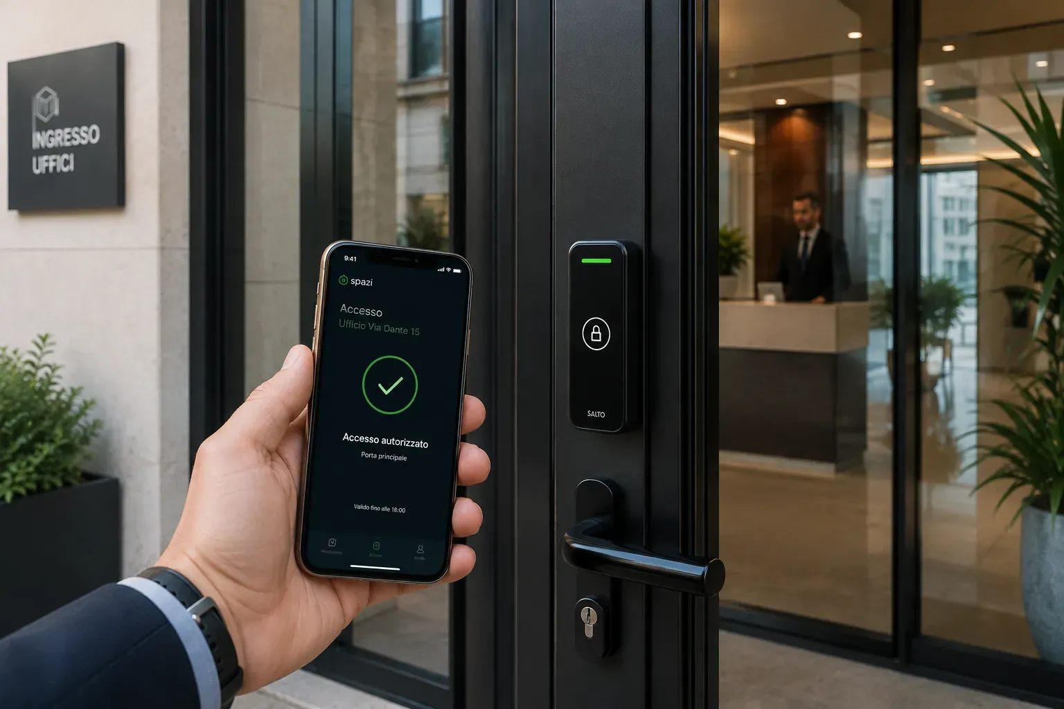 Person showing authorised access from a smartphone app in front of an office door with a smart reader