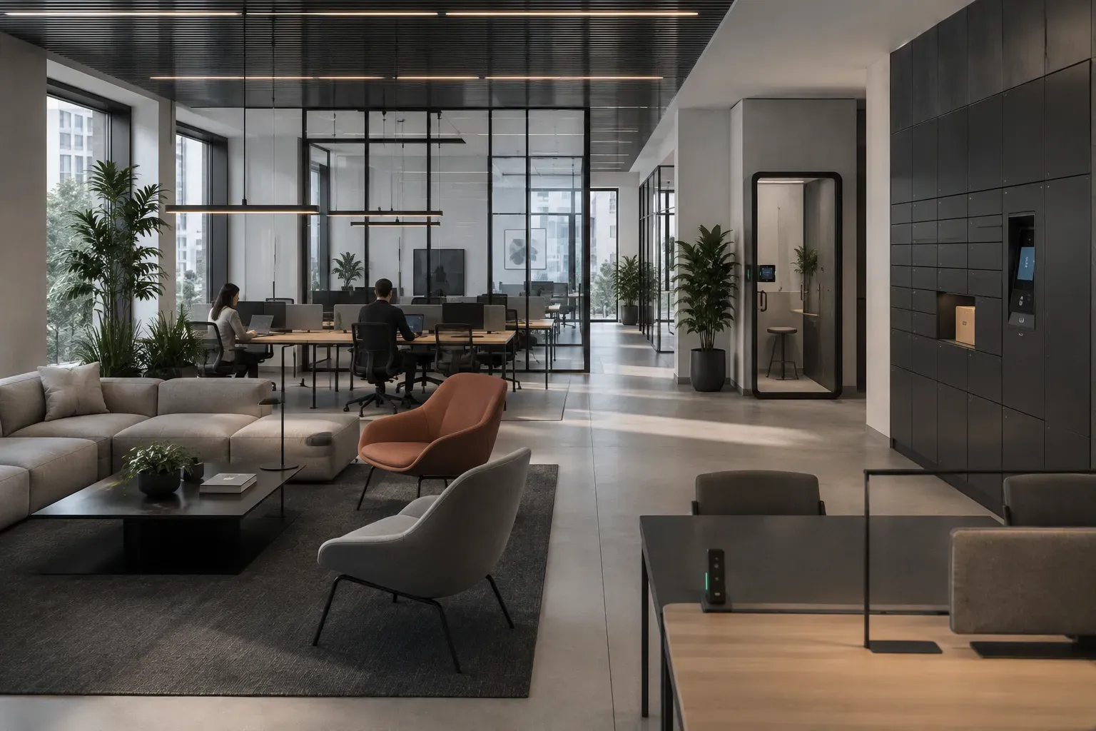 Open-plan office with a lounge area, workstations and a smart locker wall