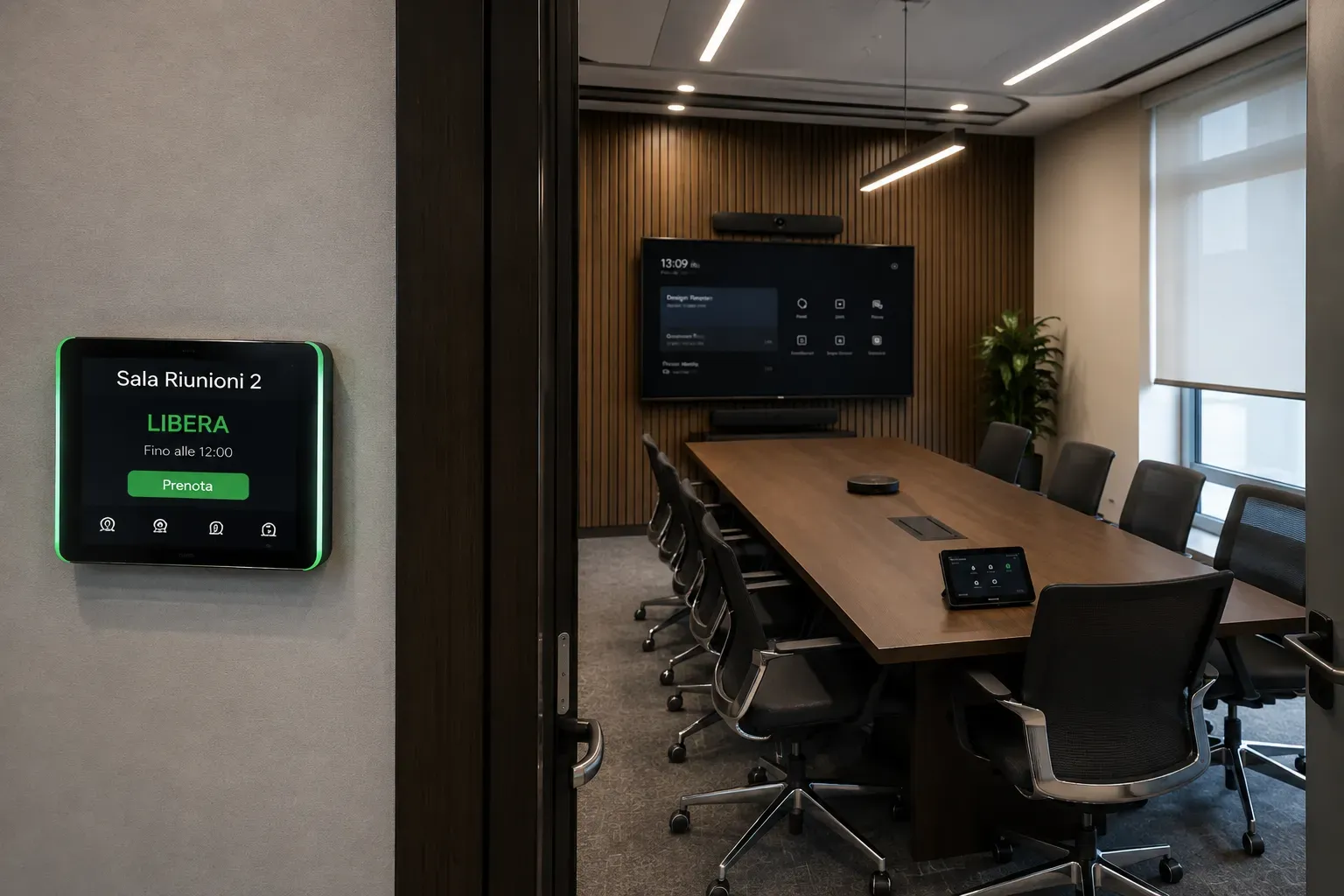 Door-mounted booking panel showing "Free" status, with the meeting room and professional video conferencing setup in the background