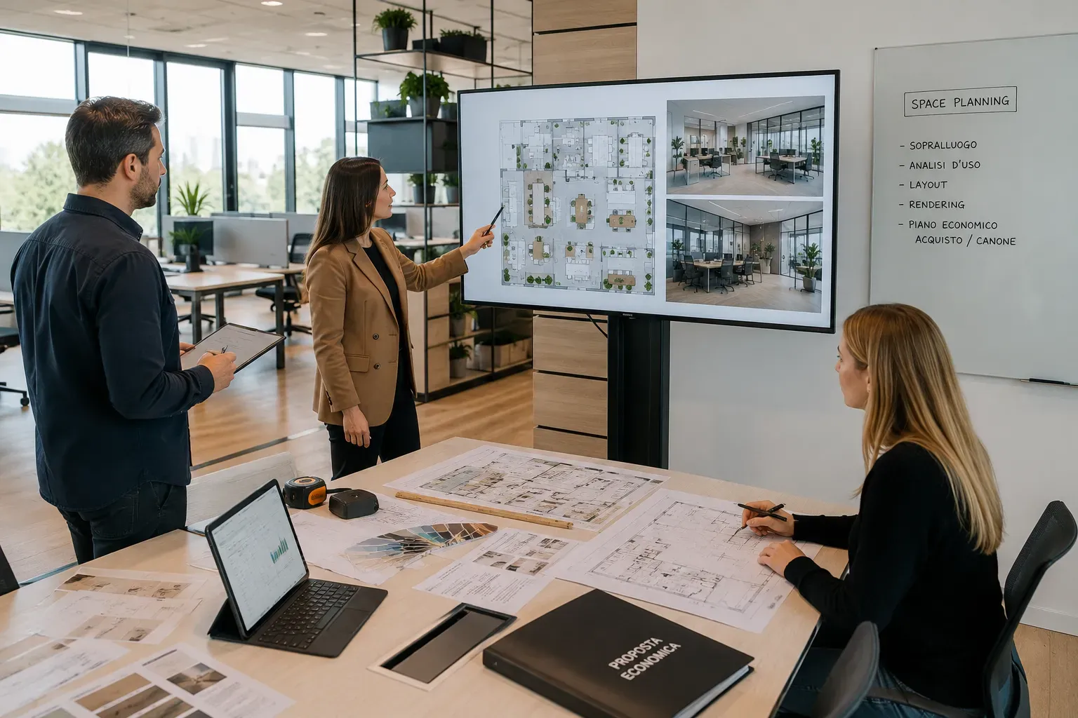 Team che presenta planimetrie e render di un progetto di space planning, con proposta economica e campionature sul tavolo
