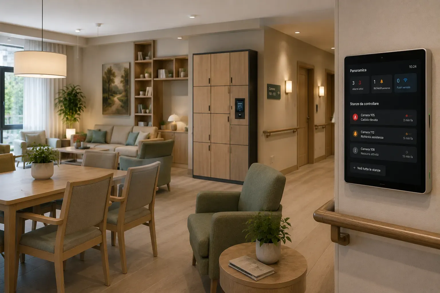 Welcoming common area of a care home with a medicine locker, a corridor with handrails and a staff control panel showing active alarms
