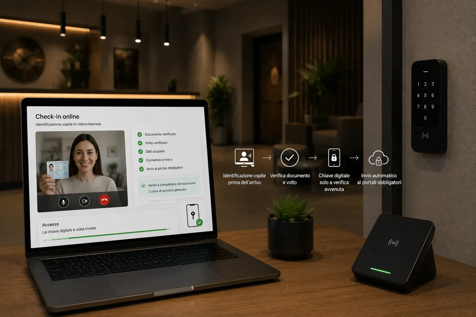 Online check-in with guest identification by video call and digital key delivery, with the hotel room's smart door reader