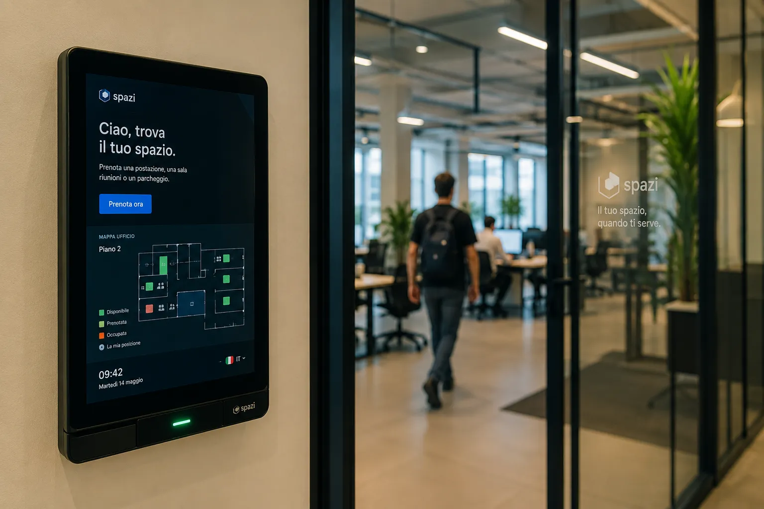 Wall-mounted desk booking panel with office map, at the entrance of an open-space office