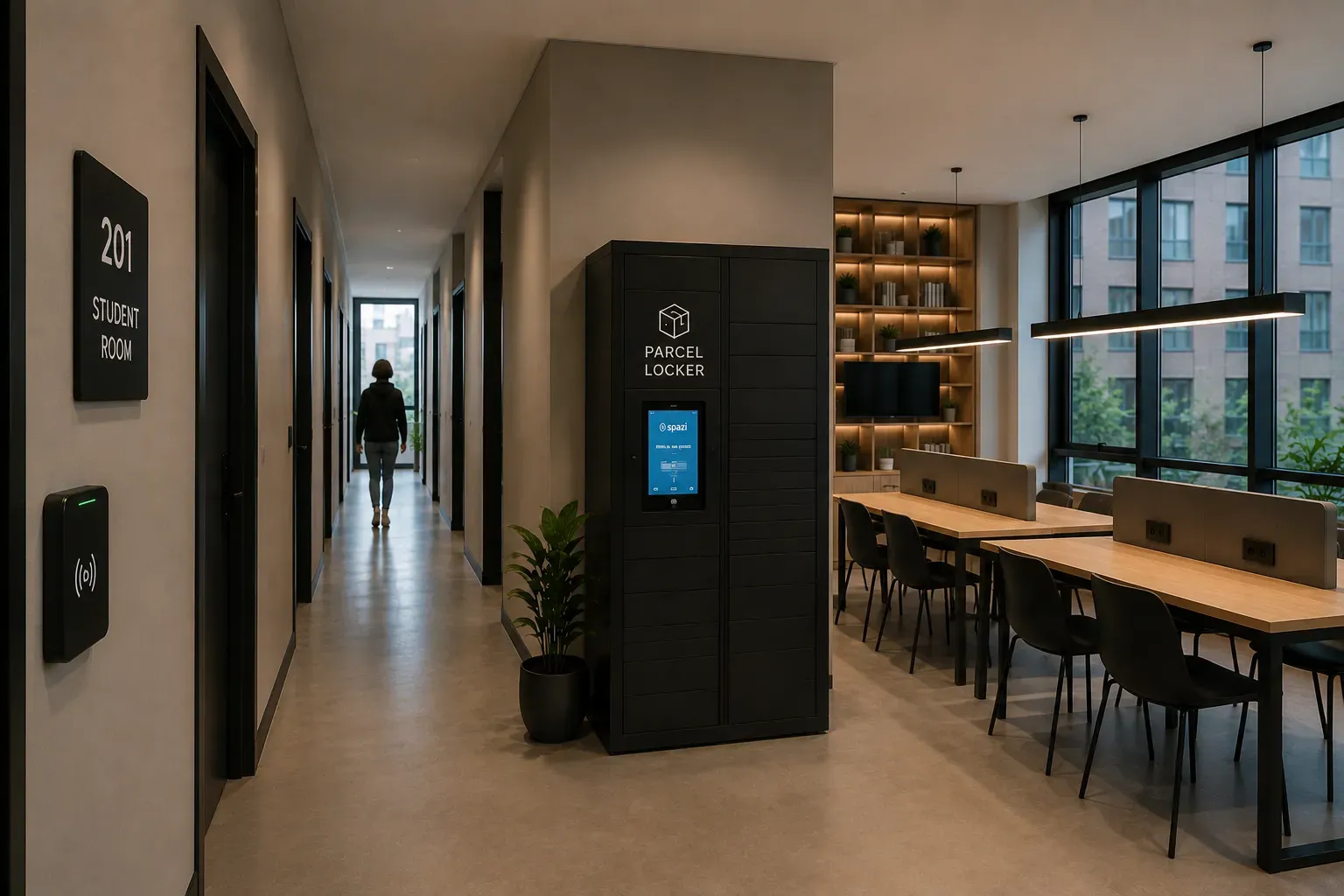 Student housing corridor with smart room access and a parcel locker, shared study room in the background