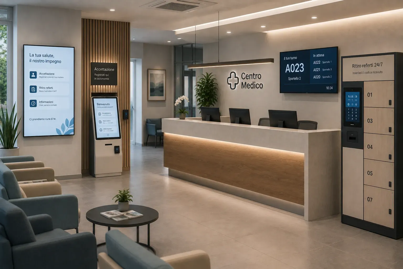 Medical centre reception with a check-in kiosk, queue management display and a 24/7 results-collection locker